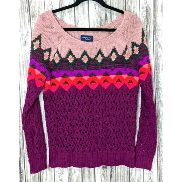 American Eagle Sweater Fair Isle Crew Neck wool blend Purple Orange Pinks Size L - Picture 2 of 13